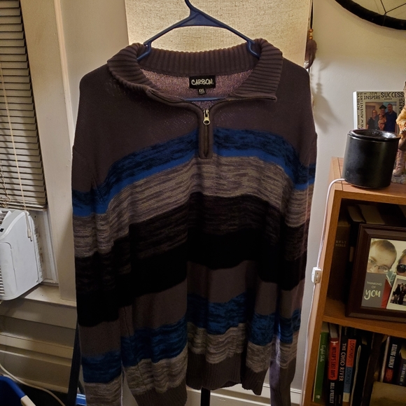 A CARBON Men's XXL 1/4 Zip Heavy knit pullover sweater. Grey, blue, black stripe - Picture 3 of 3